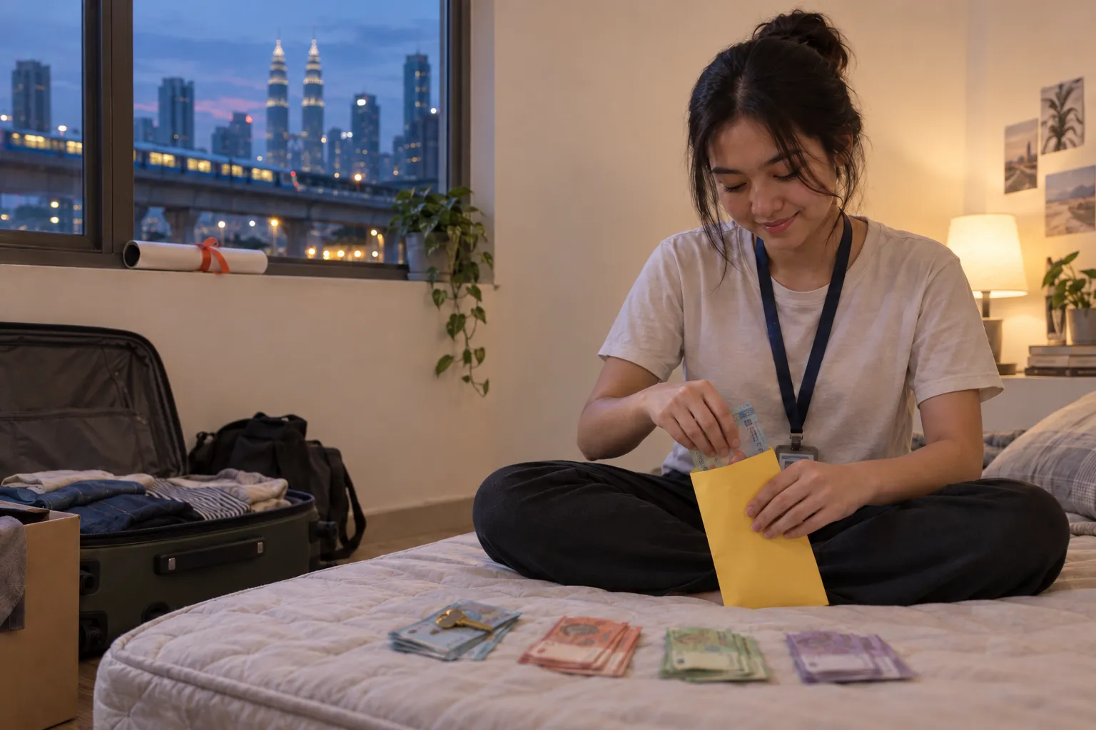 A young Malaysian fresh graduate sits cross-legged on a mattress in a newly rented room at dusk, sliding a few ringgit notes into a yellow savings envelope first, with three more thin piles of notes, a room key, a half-unpacked suitcase and an LRT track outside the window