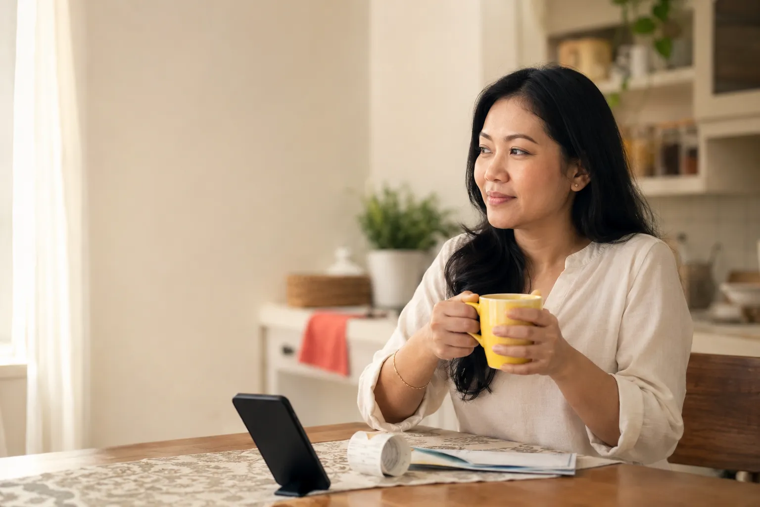 A Malaysian woman in her mid-thirties sits at her kitchen table in warm morning light, holding a soft-yellow mug of kopi, glancing at news on her phone with a petrol receipt and a few household bills nearby, calm and thoughtful