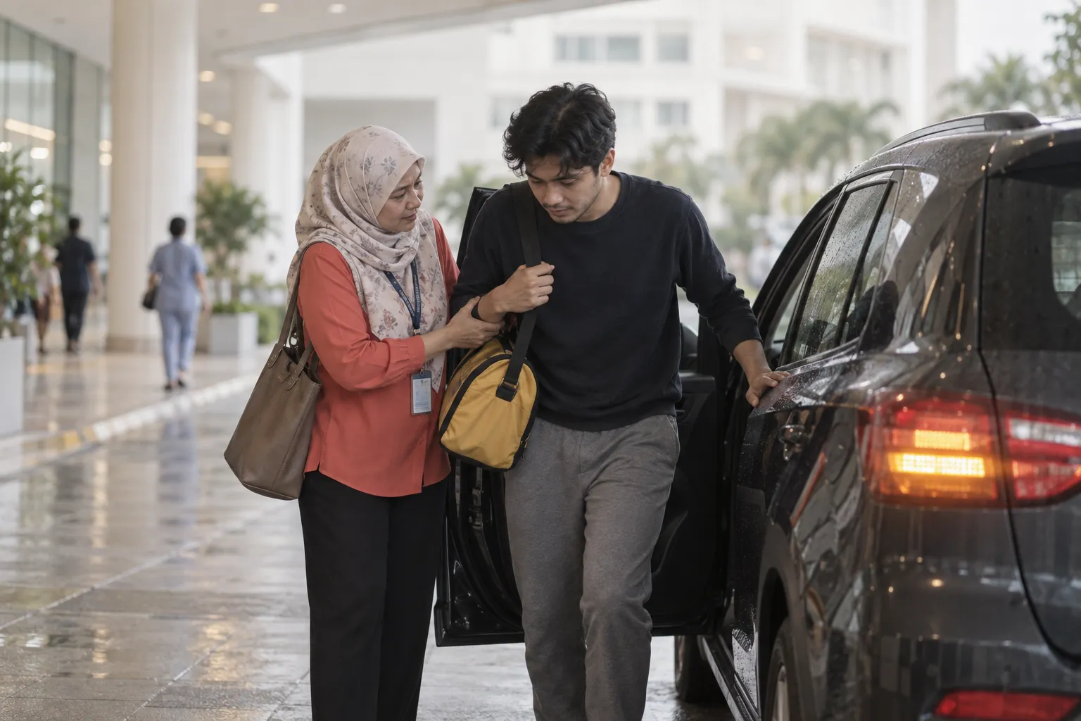 At a hospital drop-off porch, a mother still wearing her office lanyard helps her grown son out of the family car, the hazard lights blinking, a small overnight bag on his shoulder