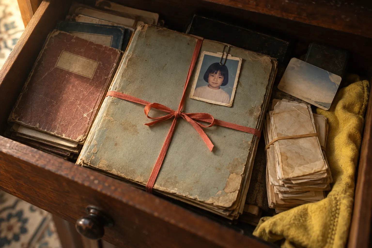 An open drawer in an old wooden cabinet holding a faded insurance file tied with ribbon, a child's passport photo clipped to its cover, next to old school report books and a rubber-banded bundle of premium receipts