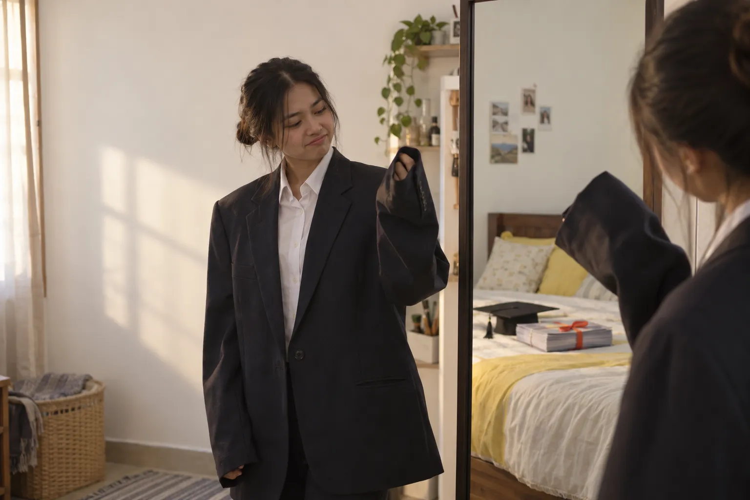 A young Malaysian graduate in their first-job shirt stands at a bedroom wardrobe mirror wearing their father's old blazer, the sleeves hanging past their fingertips, while a thick faded insurance file tied with ribbon lies on the bed behind them