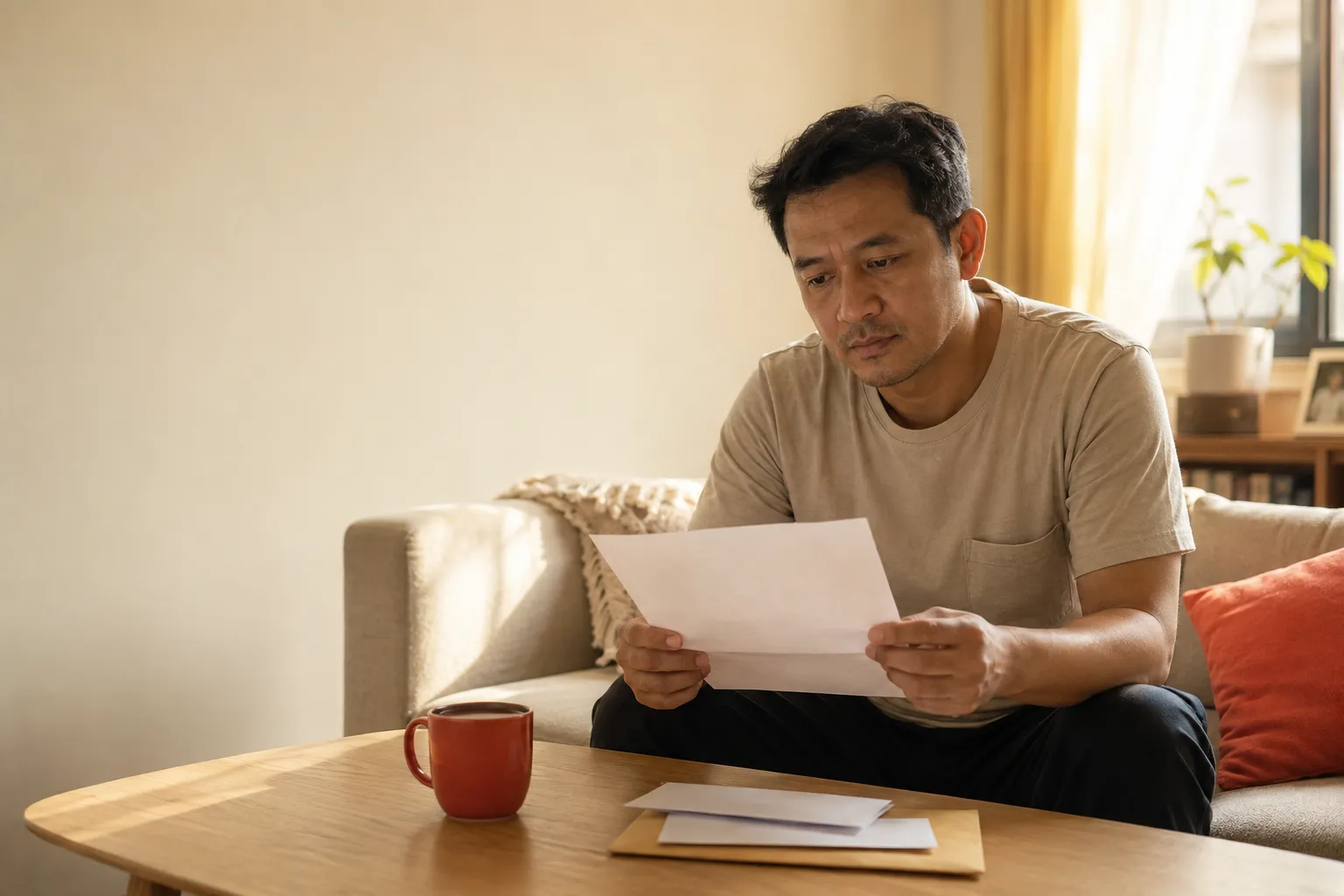 A Malaysian man in his forties sits on a sofa in warm afternoon light, reading a medical insurance renewal letter with a calm but tired expression, a mug of teh tarik and a few bills on the coffee table beside him