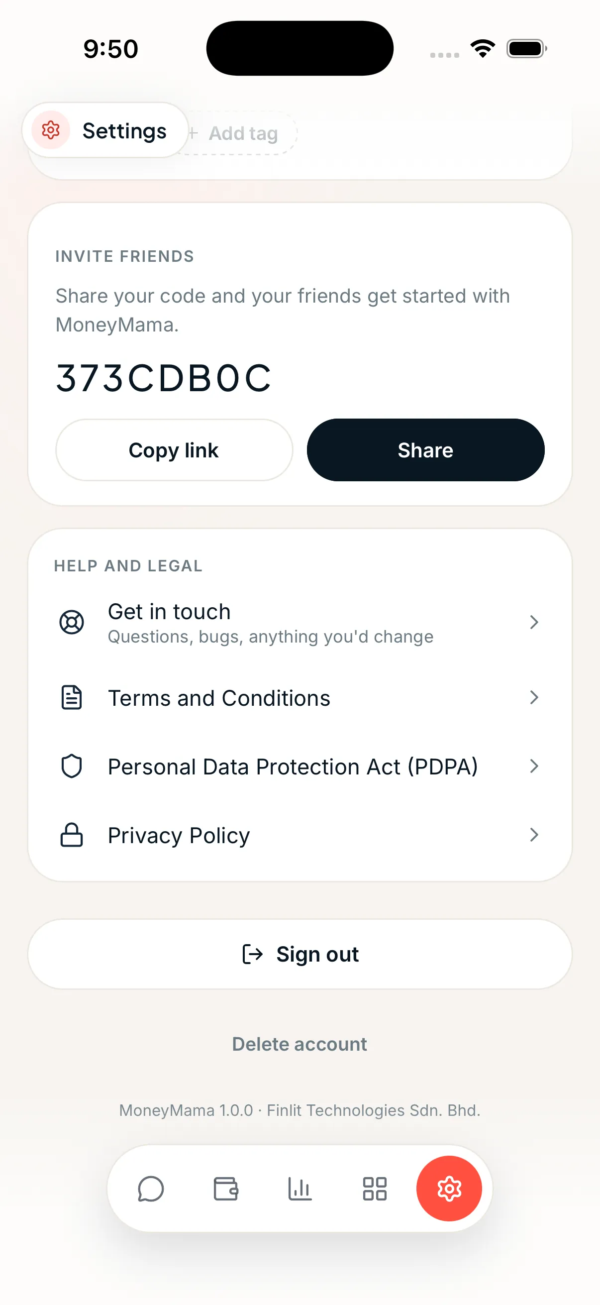 The MoneyMama Settings screen scrolled to the bottom, with the Delete account link below the Sign out button.