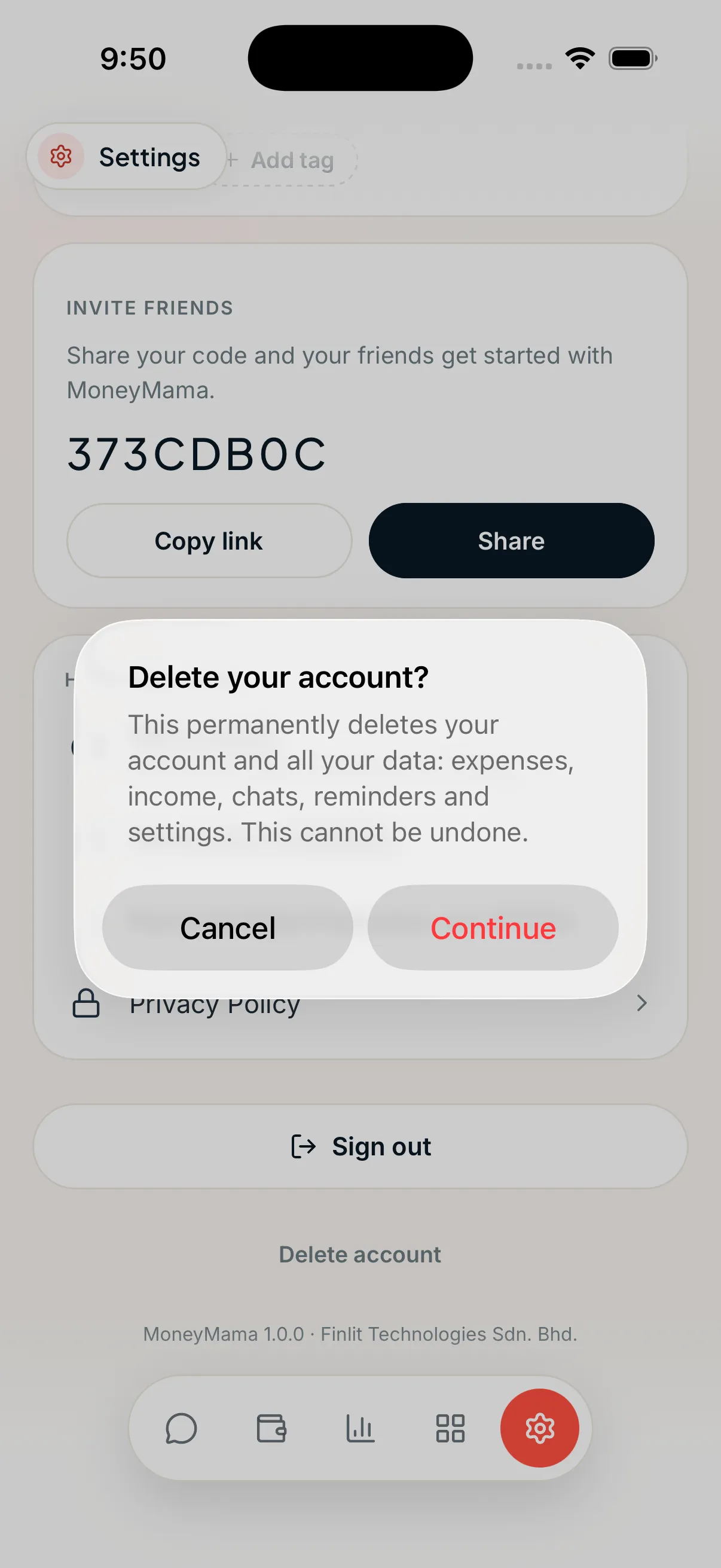 The confirmation dialog reading Delete your account?, with Cancel and Continue buttons.